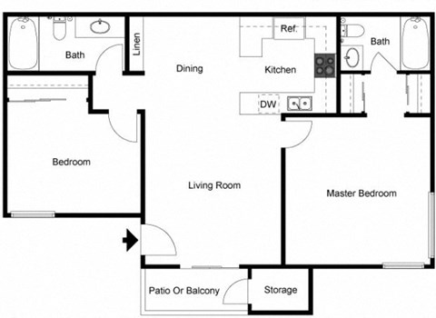 Two bedrooms two bathrooms apartment floorplan
